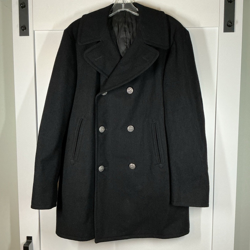 Vtg U.S. Navy Enlisted Wool Black Peacoat Men'sโ Size 40L Pewter Buttons 1970's